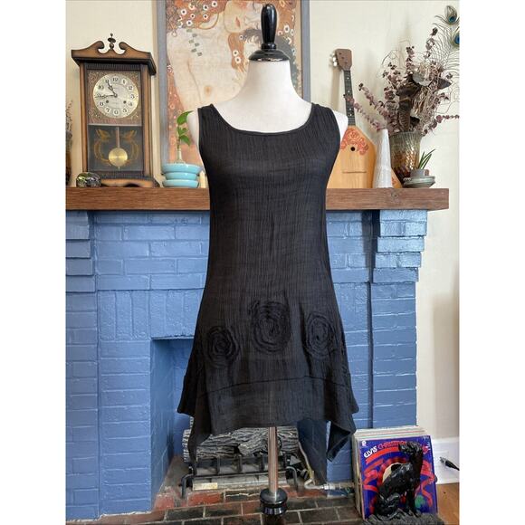 Gaya S Black Silk Cotton Tunic Mini Dress Lagenlook Minimal Sheer Tank - Picture 1 of 15